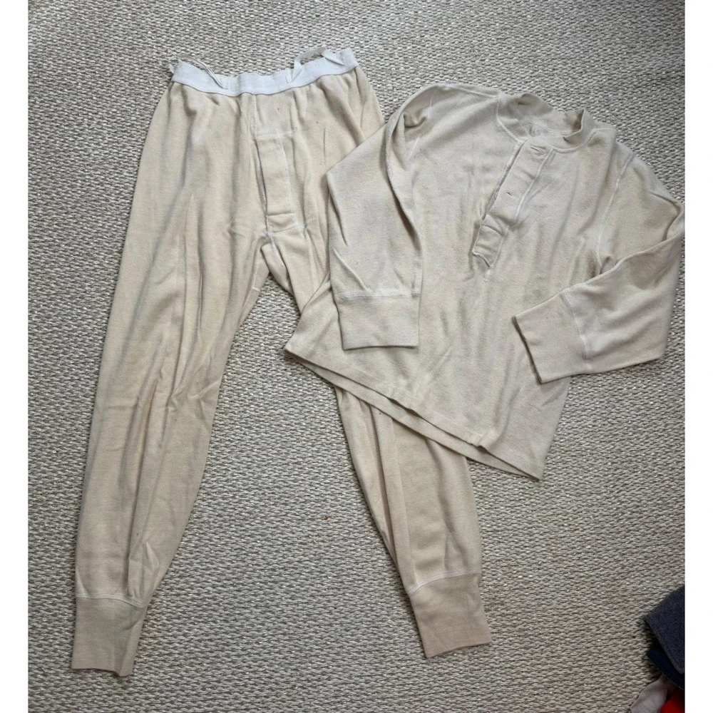 Vintage US military Long Johns Set Cream Wool Cotton Thermal Henley Pants M